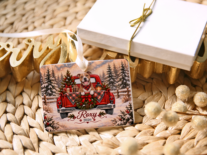 Personalized Pitbull Ornament, Christmas Red Truck, Custom Name and Year