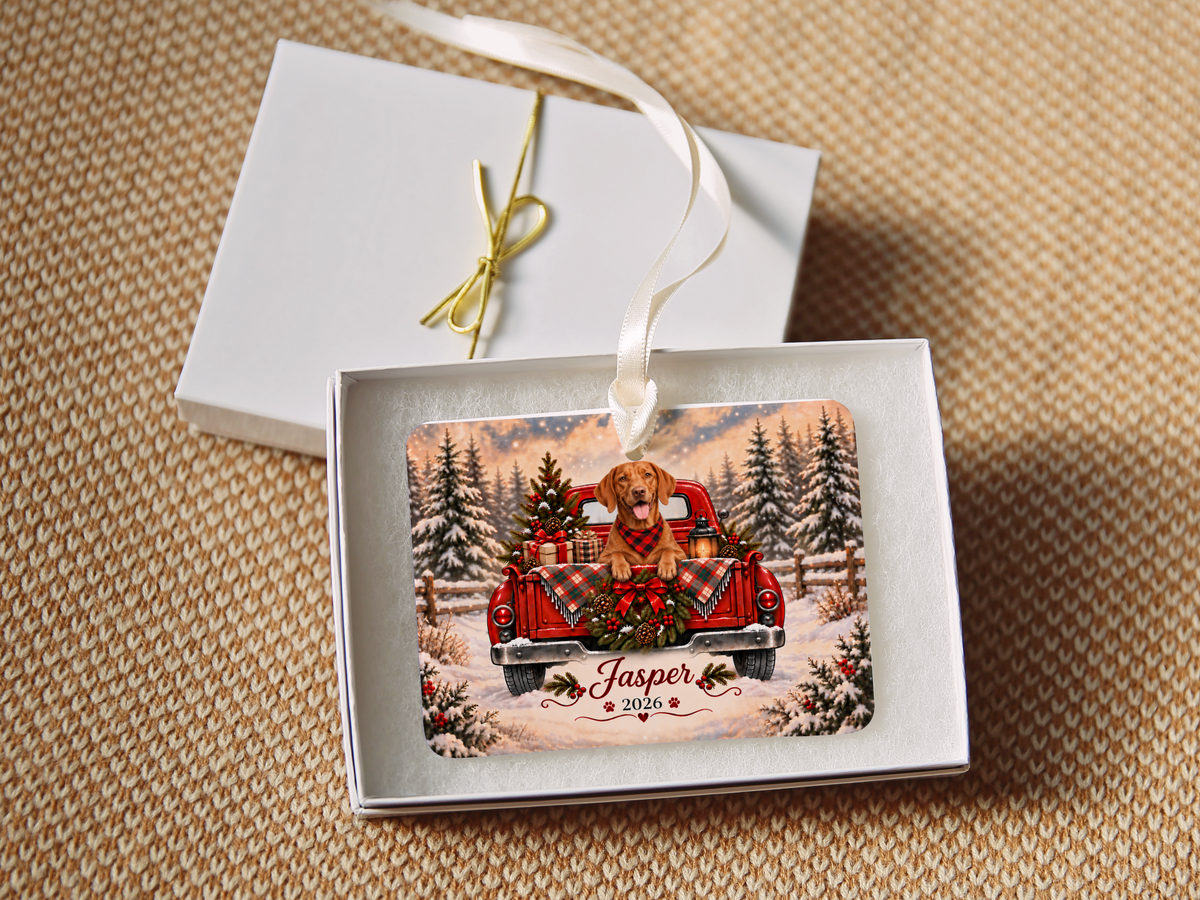 Personalized Vizsla Ornament, Christmas Red Truck, Custom Name and Year