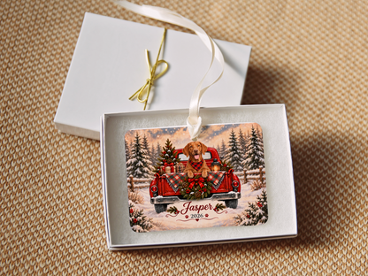 Personalized Vizsla Ornament, Christmas Red Truck, Custom Name and Year