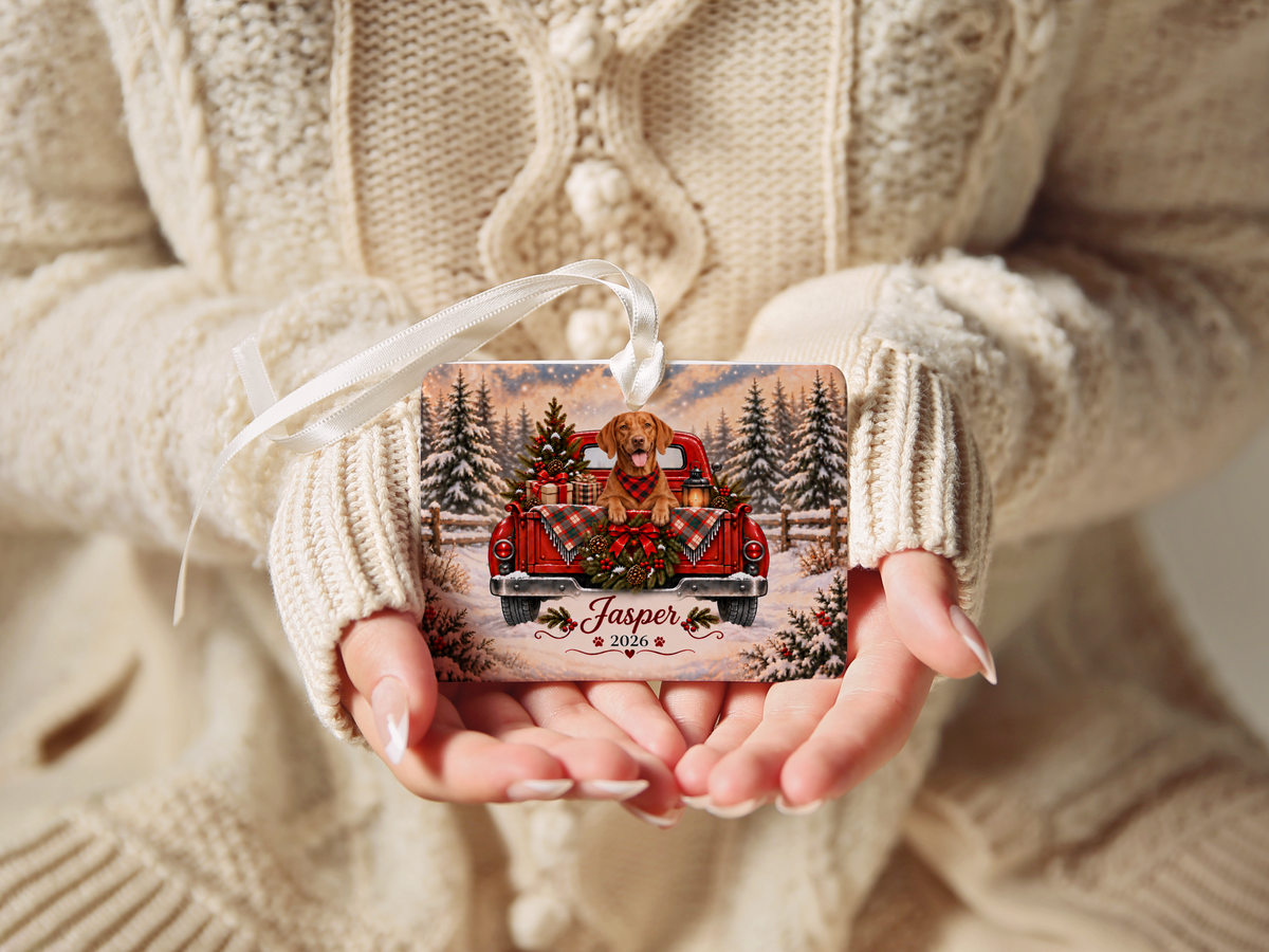 Personalized Vizsla Ornament, Christmas Red Truck, Custom Name and Year