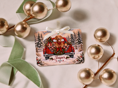 Personalized Vizsla Ornament, Christmas Red Truck, Custom Name and Year
