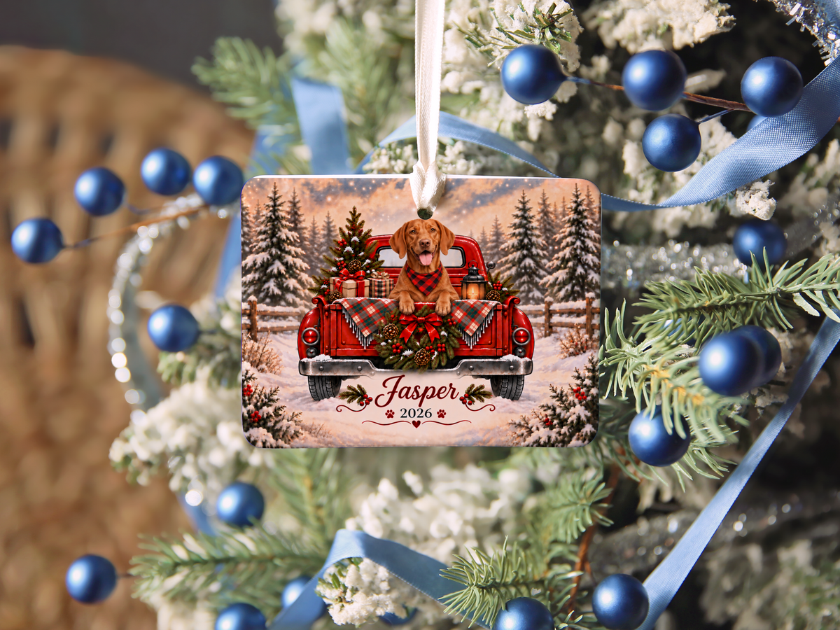 Personalized Vizsla Ornament, Christmas Red Truck, Custom Name and Year