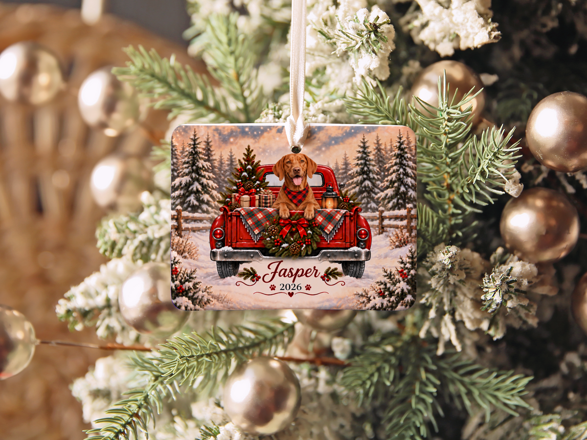 Personalized Vizsla Ornament, Christmas Red Truck, Custom Name and Year