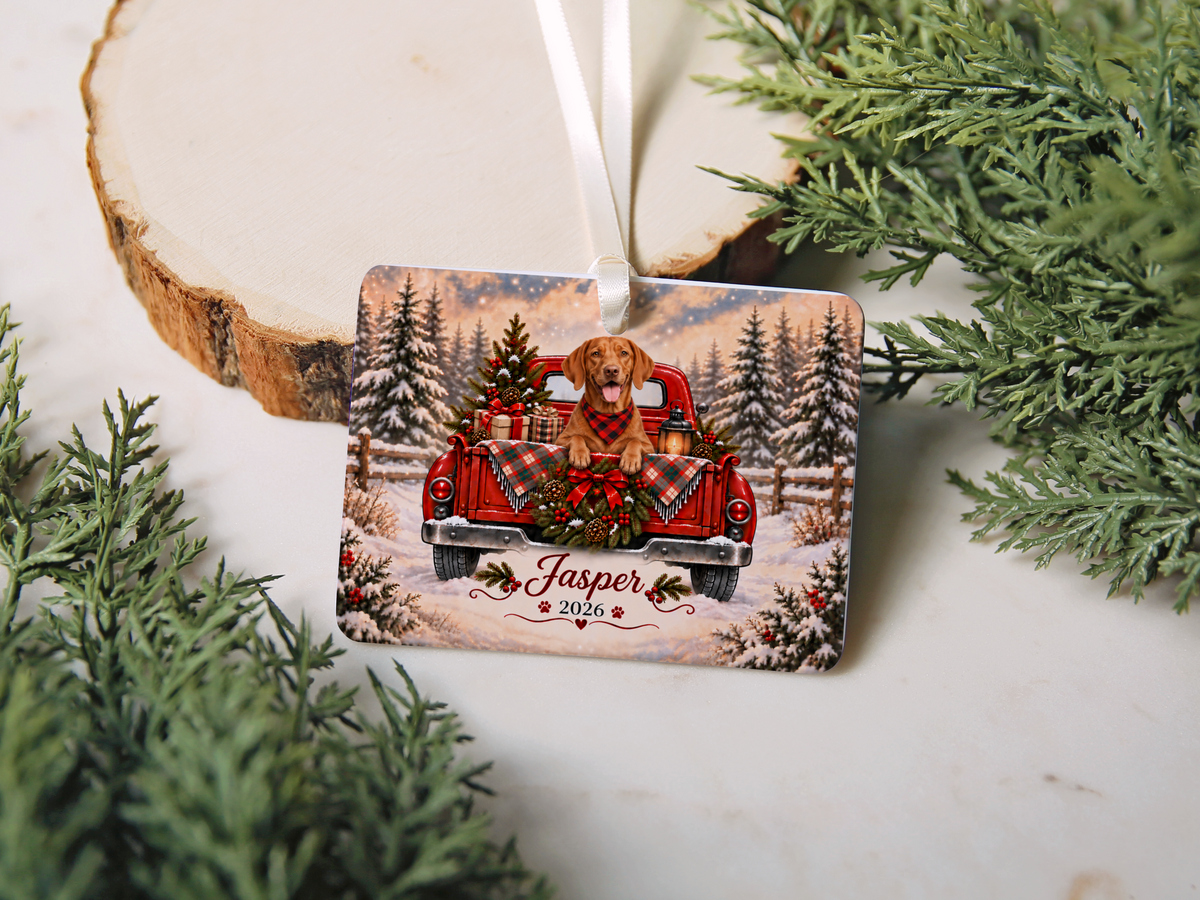Personalized Vizsla Ornament, Christmas Red Truck, Custom Name and Year