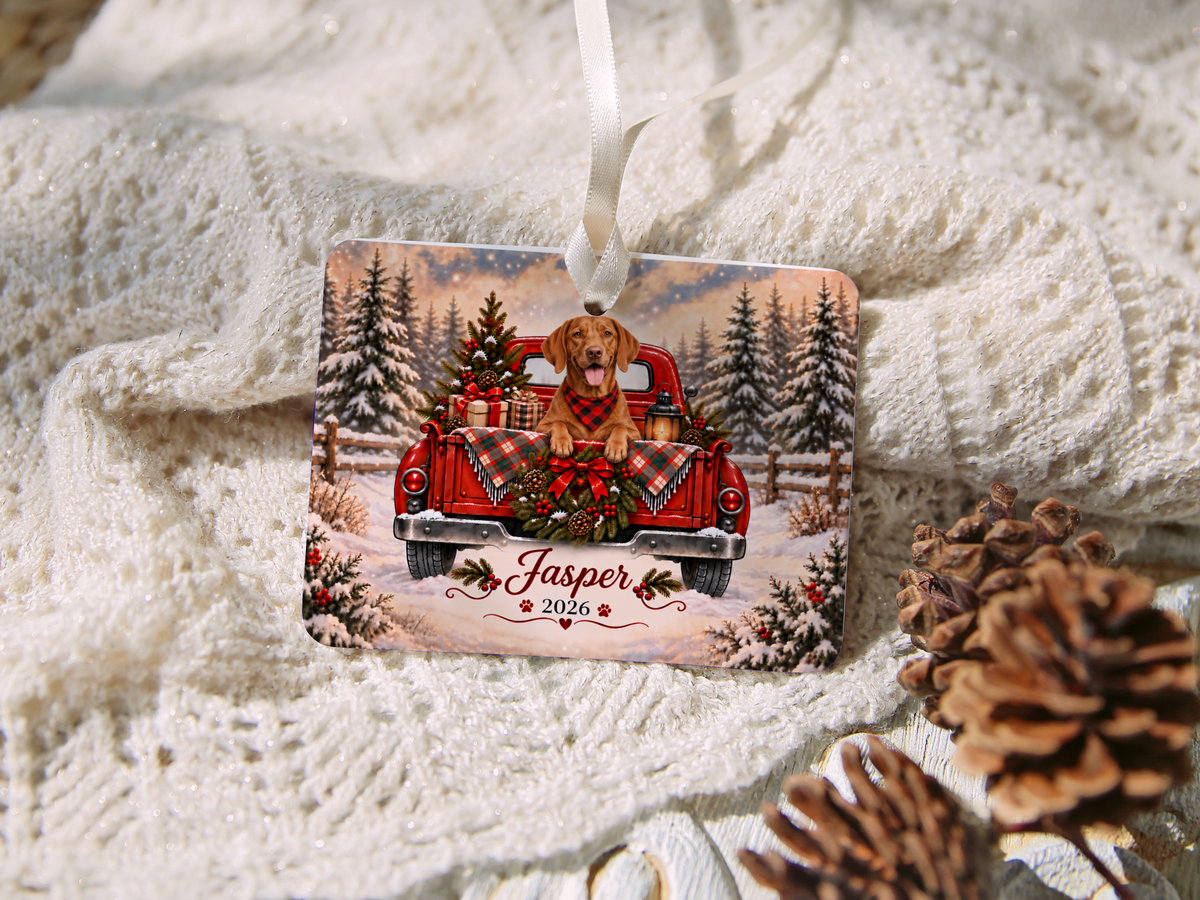 Personalized Vizsla Ornament, Christmas Red Truck, Custom Name and Year