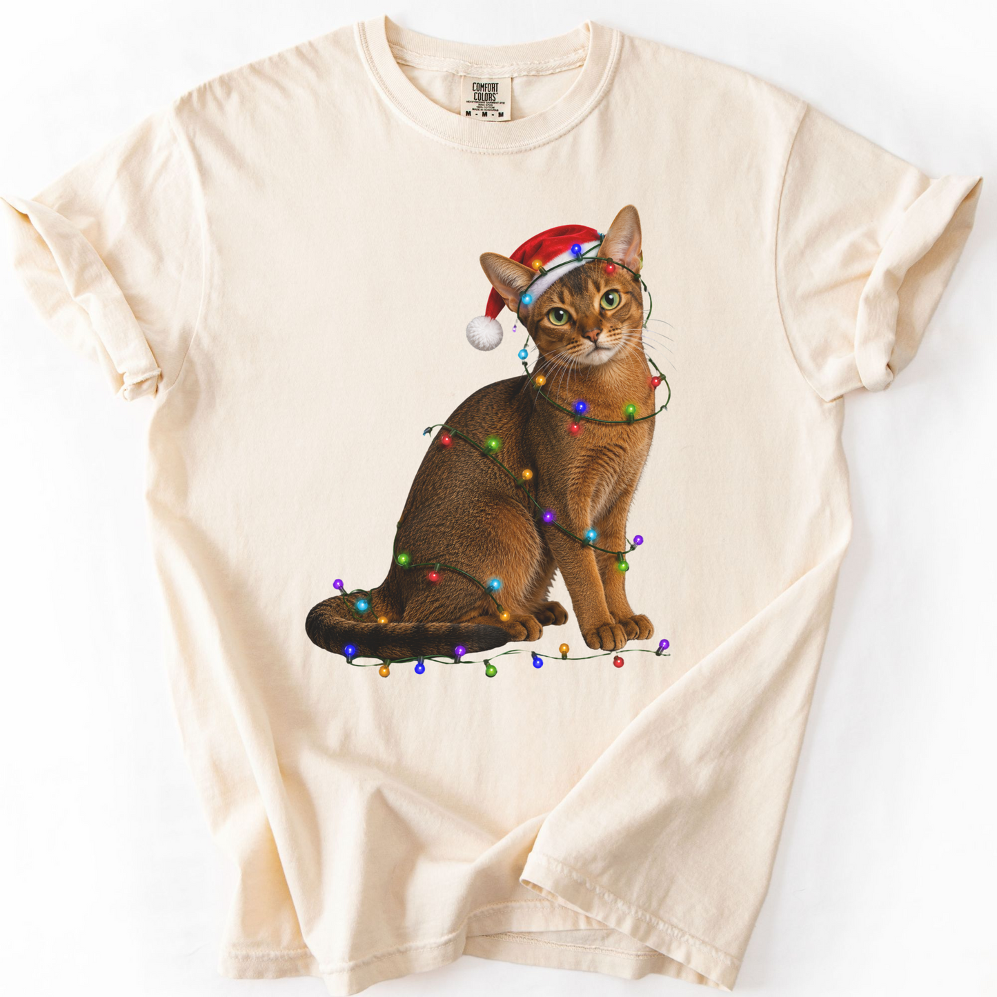 Abyssinian Cat Christmas Lights Shirt, Comfort Colors Holiday Cat Lover Tee