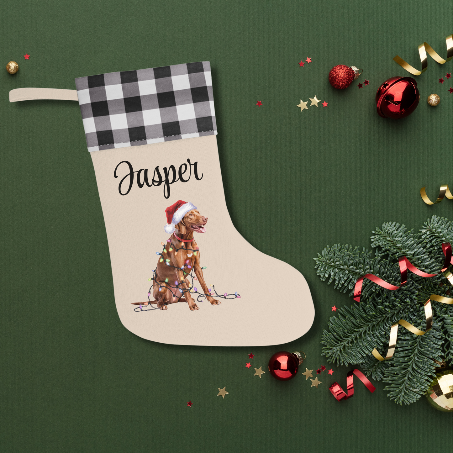 Personalized Vizsla Christmas Stocking, Holiday Decor Gift for Pet Lovers