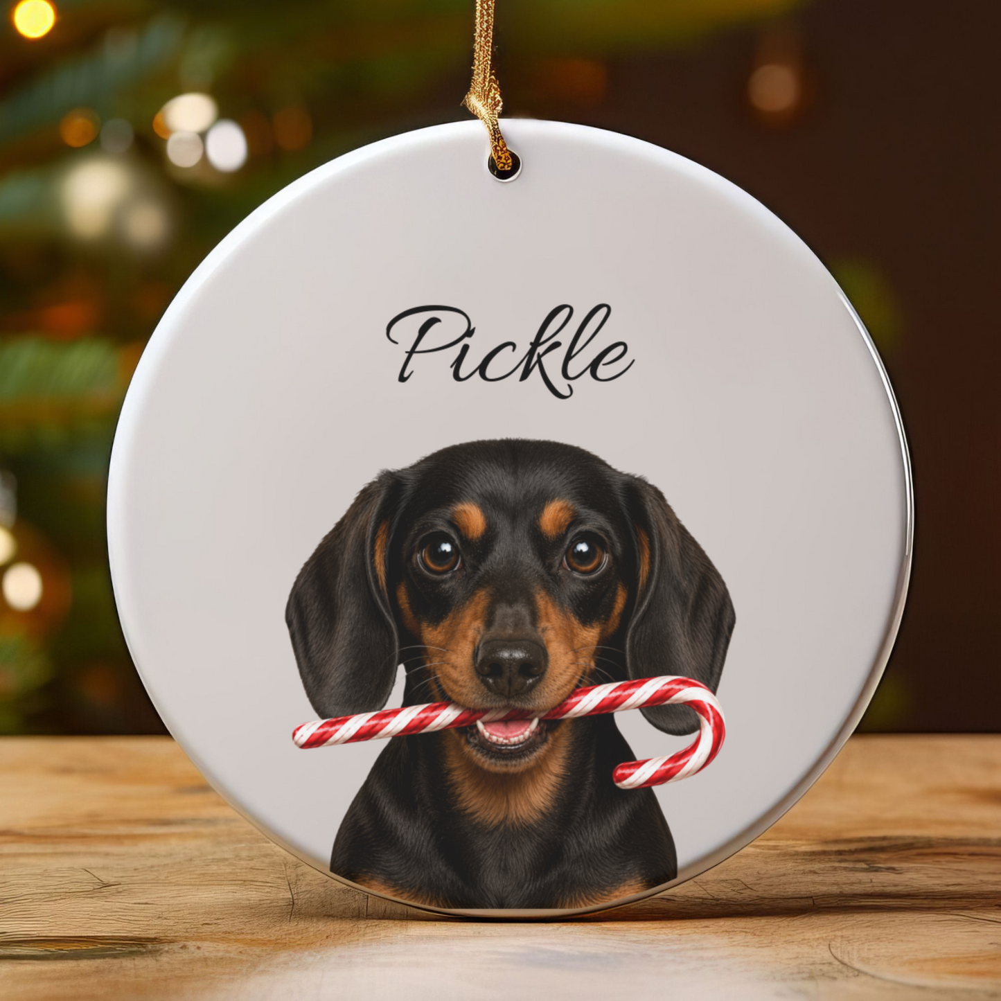Personalized Black and Tan Dachshund Candy Cane Ornament