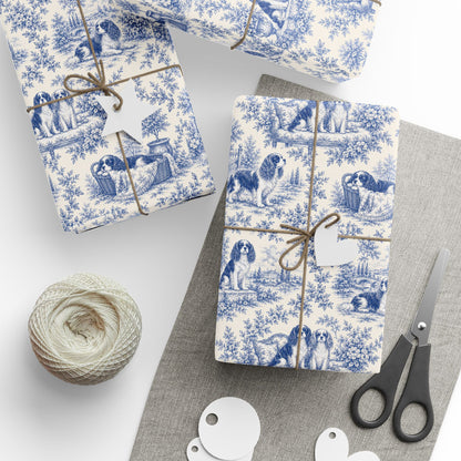 Cavalier Wrapping Paper, French Blue Toile Gift Wrap, Cavalier King Charles Spaniel Gift
