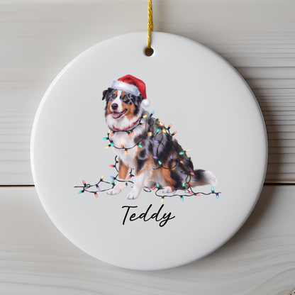 Personalized Australian Shepherd Christmas Ornament, Ceramic Dog Decor, Holiday Lights