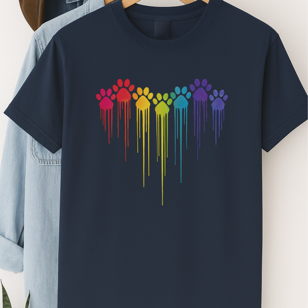 Rainbow Paw Print Heart Shirt Dog Lover Pride Tee Colorful Dripping Paw T-shirt Pet Parent Gift Animal Rescue Support Shirt