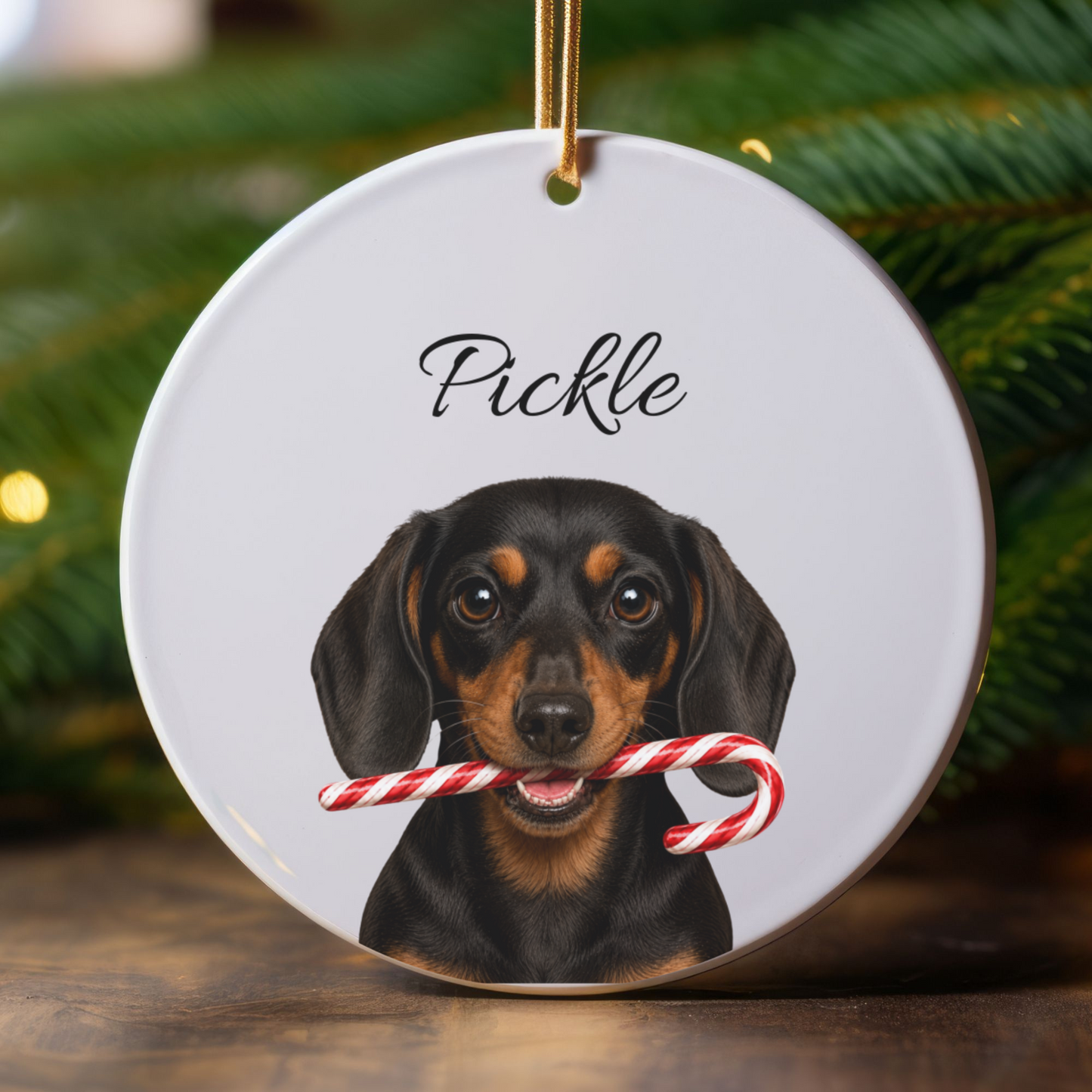 Personalized Black and Tan Dachshund Candy Cane Ornament