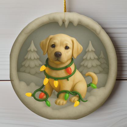 Personalized Yellow Lab Christmas Ornament, Custom Labrador Retriever with Holiday Lights Keepsake