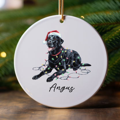 Personalized Black Labrador Christmas Ornament, Ceramic Dog Keepsake, Festive Lights Lab