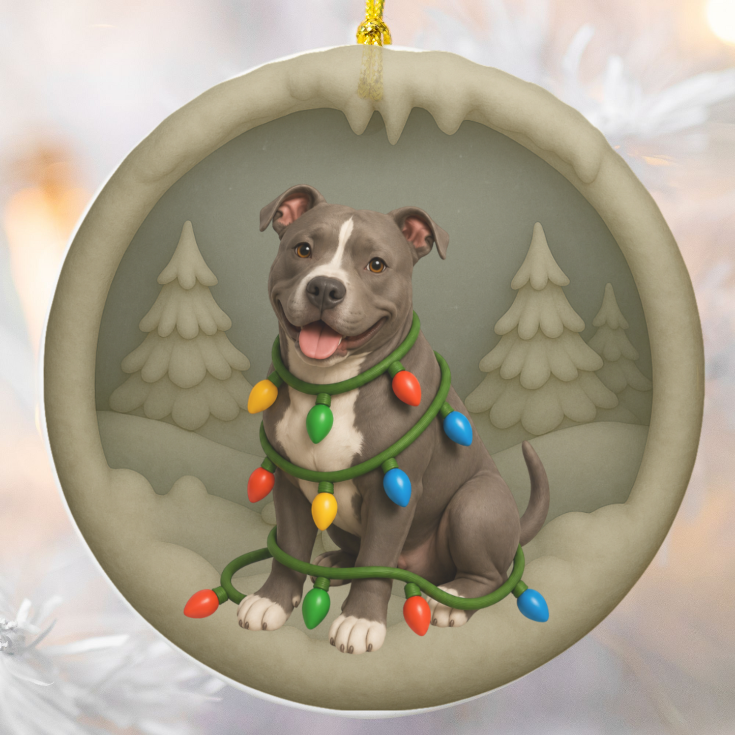 Pitbull Christmas Ornament, Personalized Pitbull Puppy with Holiday Lights, Custom Dog Lover Gift, Tree Decoration