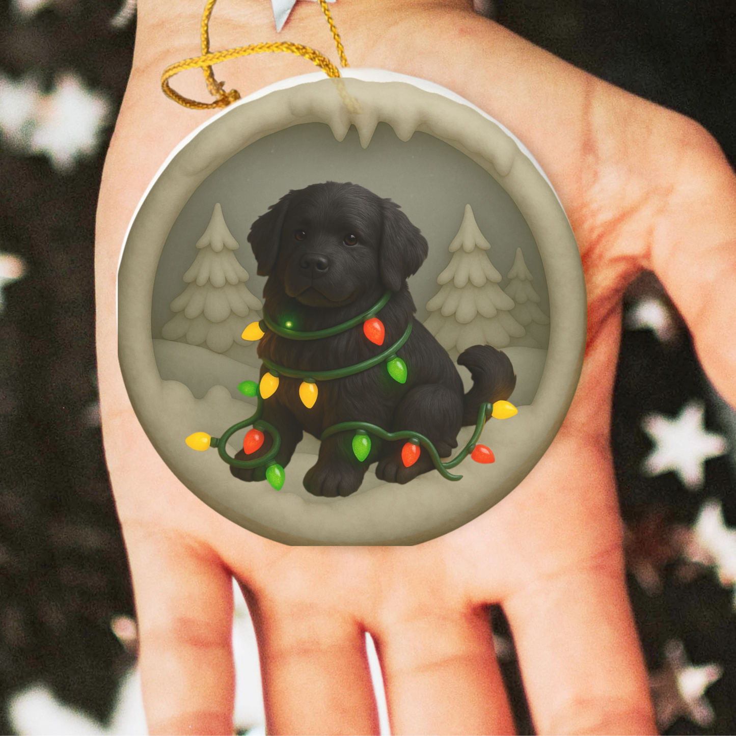 Personalized Black Newfoundland Christmas Ornament, 3D Clay-Style Dog Keepsake with Lights