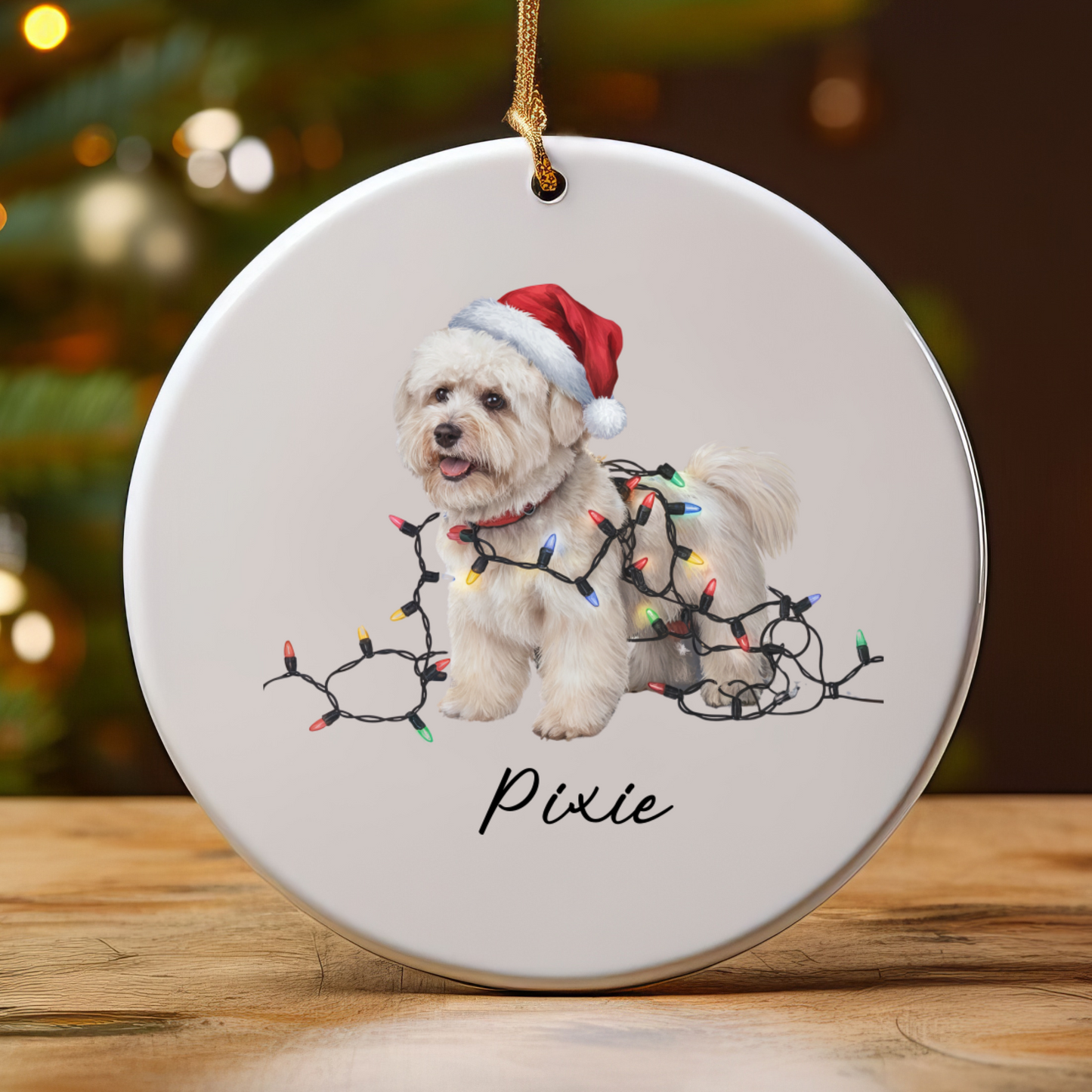 Personalized Bichon Frise Christmas Ornament, Ceramic Dog Santa Hat Lights Decoration