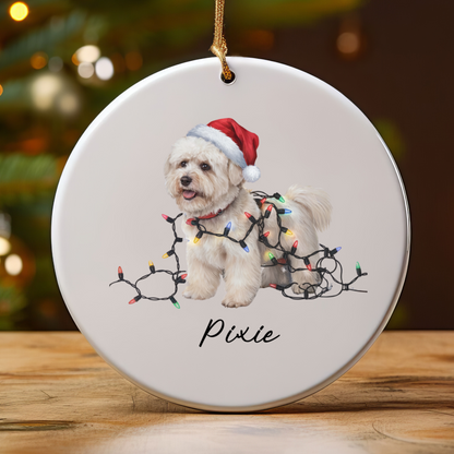 Personalized Bichon Frise Christmas Ornament, Ceramic Dog Santa Hat Lights Decoration