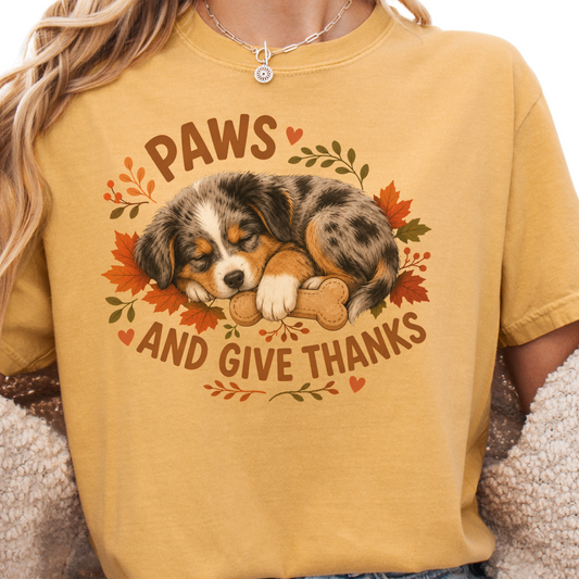 Australian Shepherd Fall Tee, Paws and Give Thanks Shirt, Thanksgiving Dog Lover Gift
