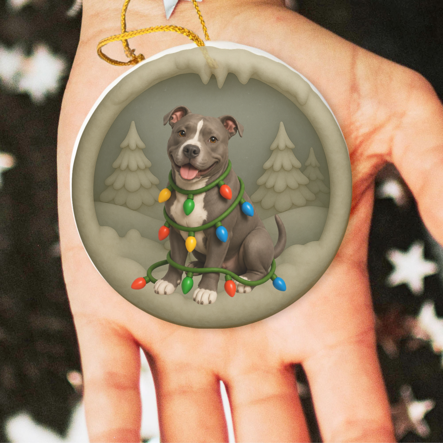 Pitbull Christmas Ornament, Personalized Pitbull Puppy with Holiday Lights, Custom Dog Lover Gift, Tree Decoration