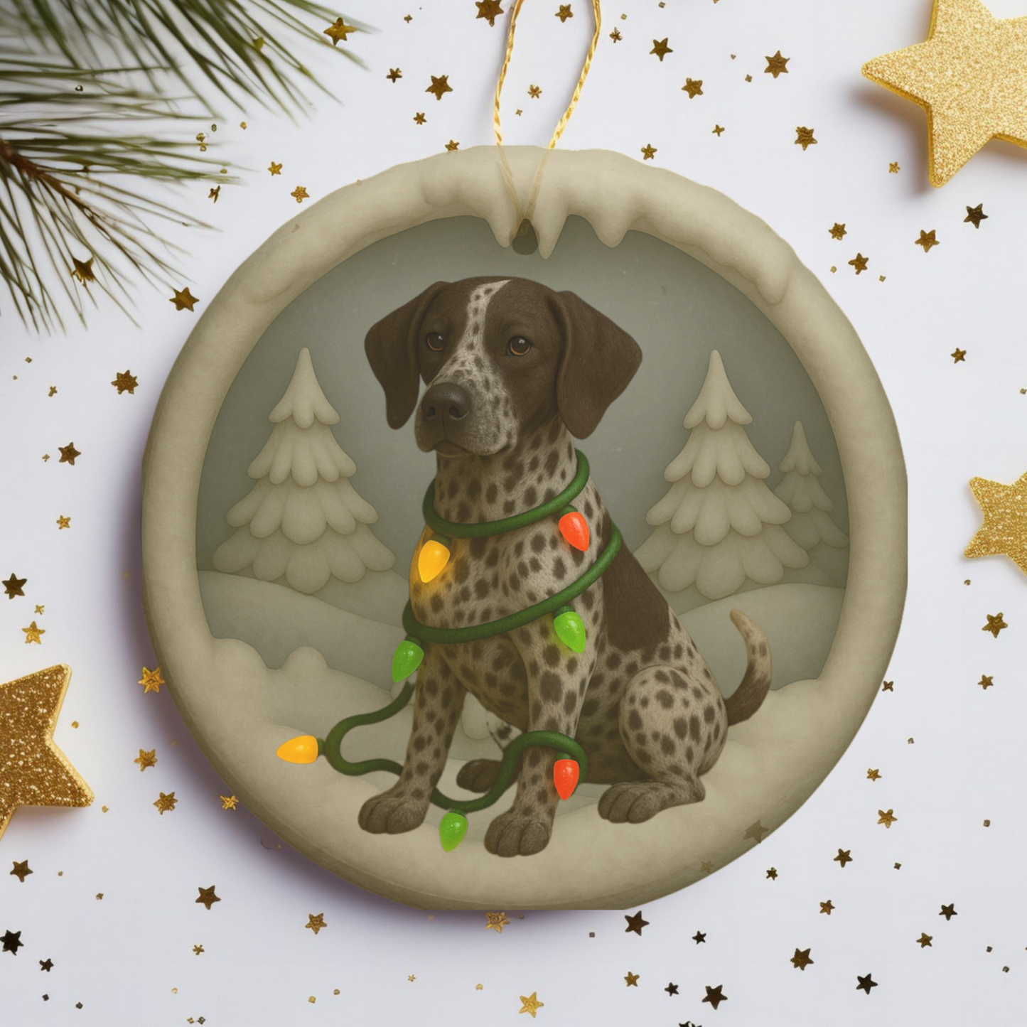 Personalized Brown German Shorthaired Pointer Christmas Ornament, 3D Clay-Style Dog Keepsake with Lights