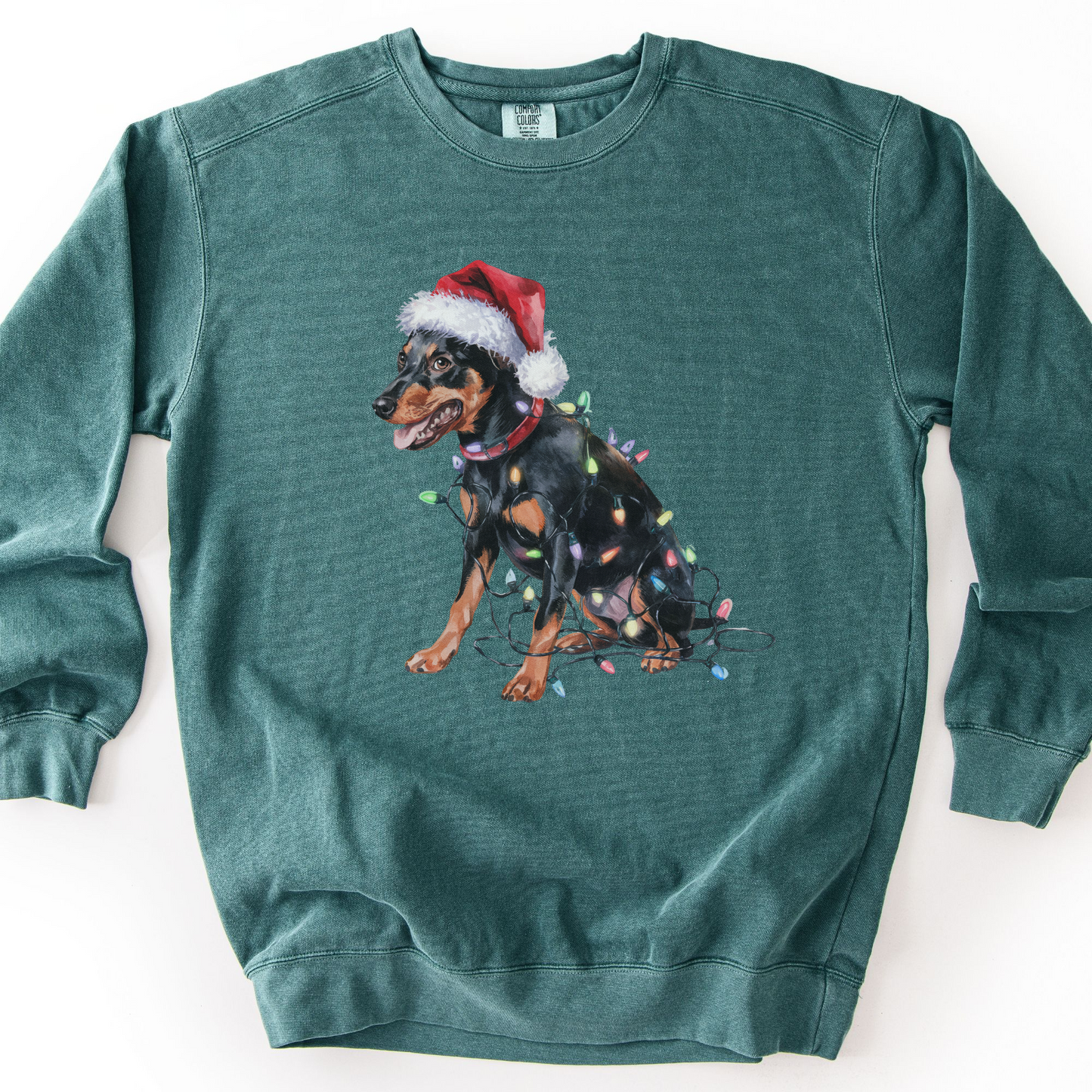 Miniature Pinscher Christmas Lights Dog Sweatshirt, Festive Min Pin Mom Apparel