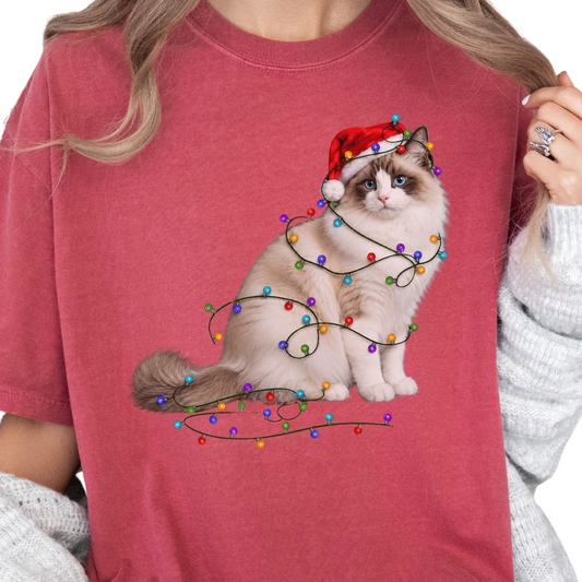 Ragdoll Cat Christmas Lights Shirt, Comfort Colors Holiday Cat Lover Tee