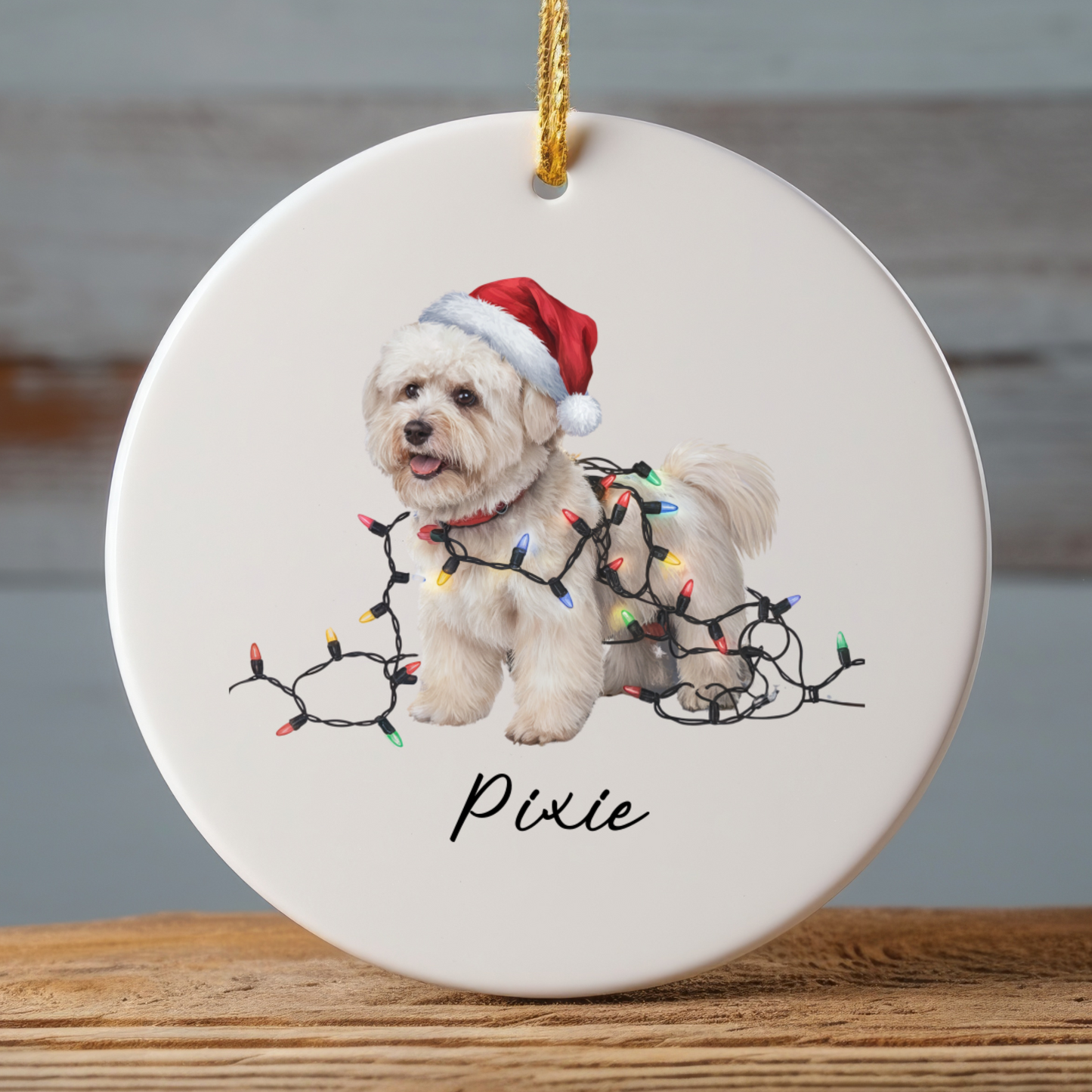 Personalized Bichon Frise Christmas Ornament, Ceramic Dog Santa Hat Lights Decoration