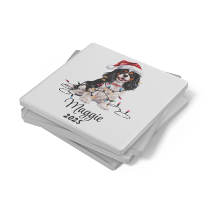 Personalized Tri-Color Cavalier King Charles Spaniel Christmas Coaster Set