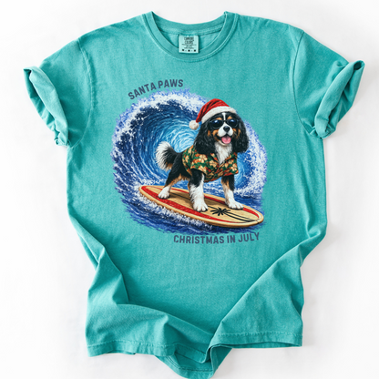 Christmas in July Gift for Tricolor Cavalier Lovers, Santa Paws Beach Shirt