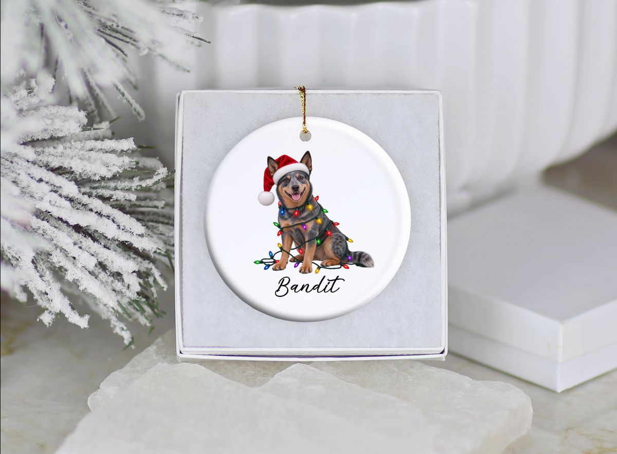Australian Cattle Dog Personalized Christmas Ornament, Blue Heeler Ceramic Keepsake, Custom Dog Name Gift