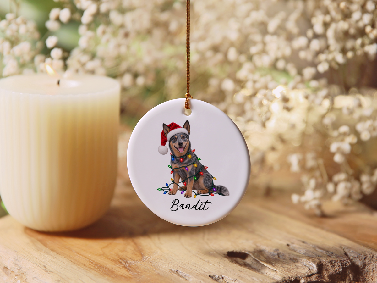 Australian Cattle Dog Personalized Christmas Ornament, Blue Heeler Ceramic Keepsake, Custom Dog Name Gift