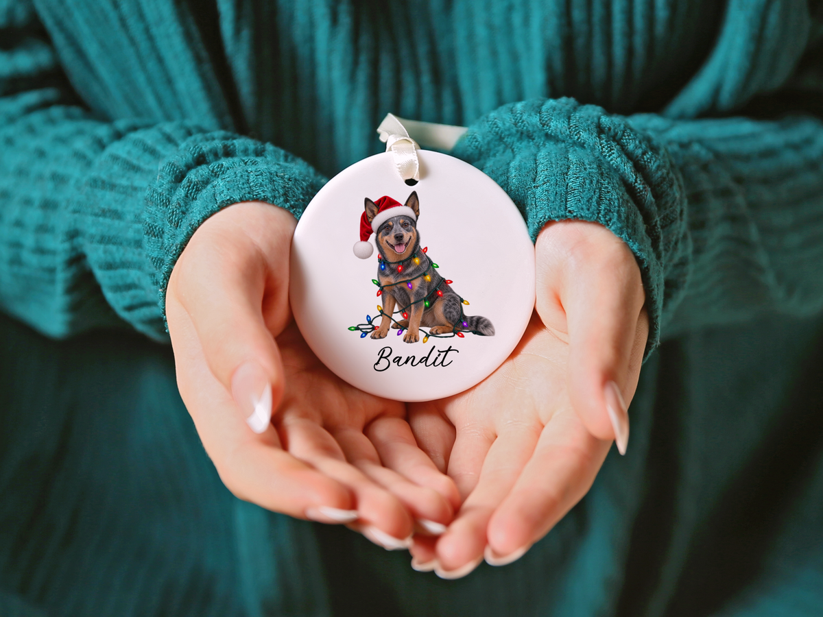 Australian Cattle Dog Personalized Christmas Ornament, Blue Heeler Ceramic Keepsake, Custom Dog Name Gift