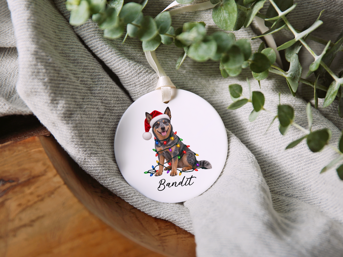 Australian Cattle Dog Personalized Christmas Ornament, Blue Heeler Ceramic Keepsake, Custom Dog Name Gift