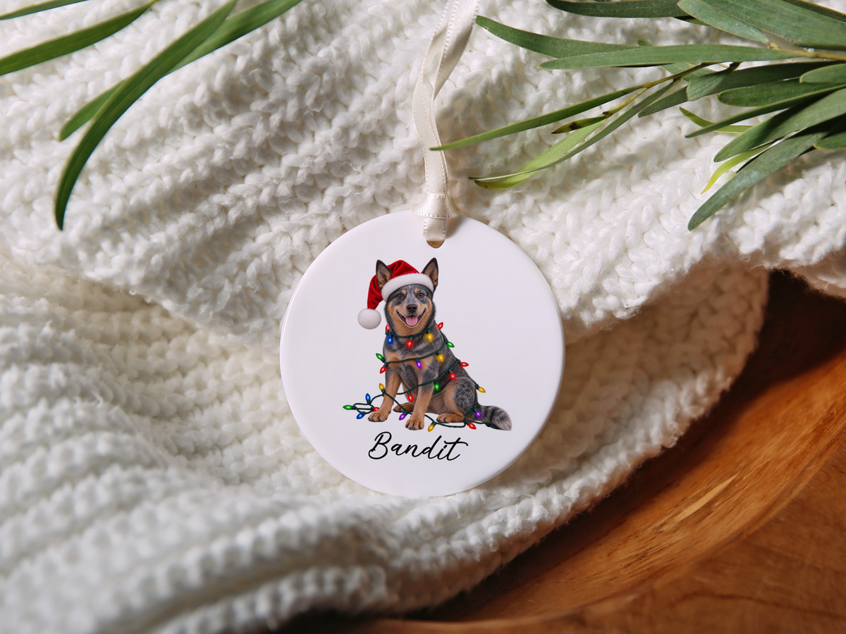 Australian Cattle Dog Personalized Christmas Ornament, Blue Heeler Ceramic Keepsake, Custom Dog Name Gift