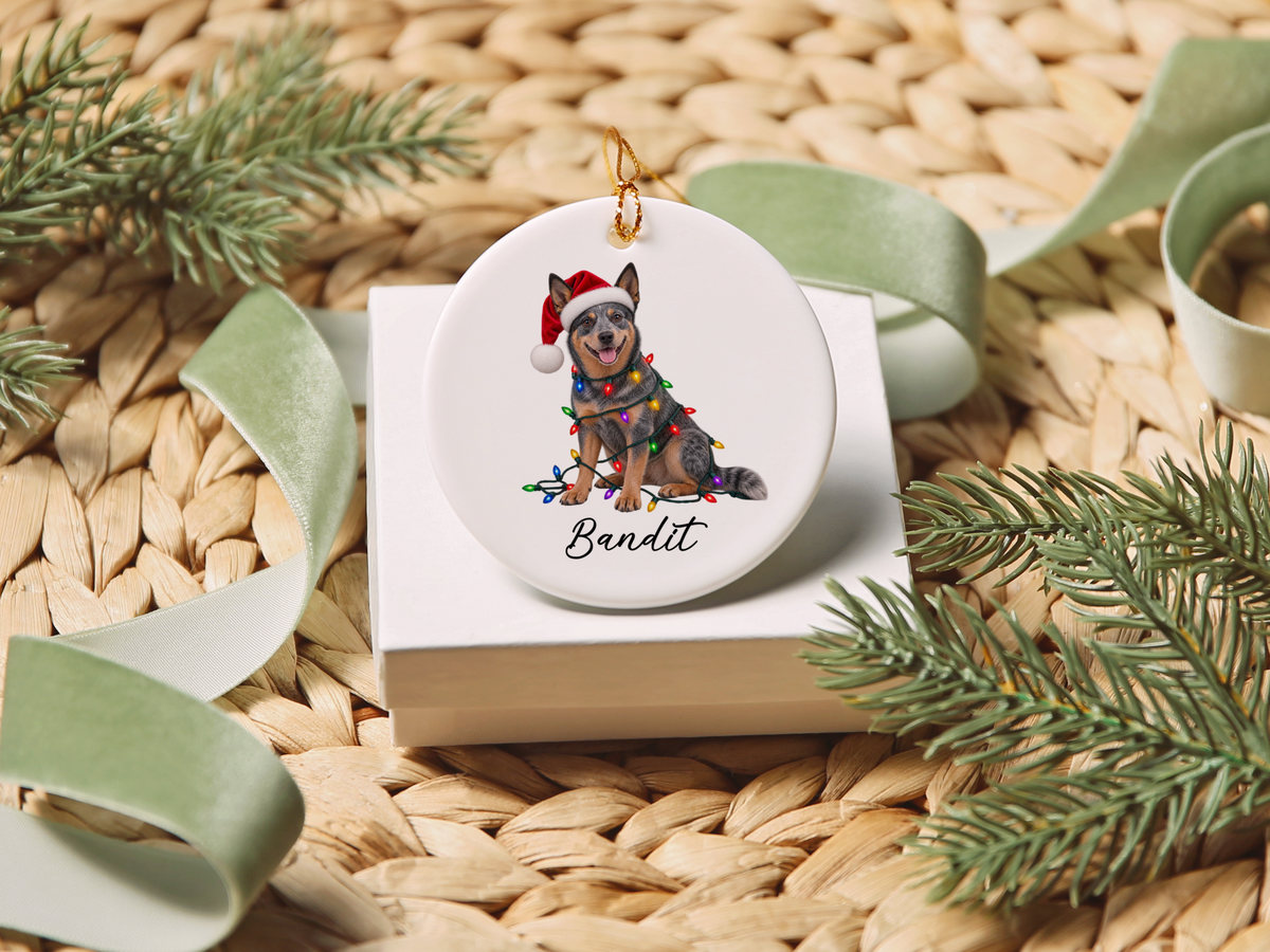 Australian Cattle Dog Personalized Christmas Ornament, Blue Heeler Ceramic Keepsake, Custom Dog Name Gift