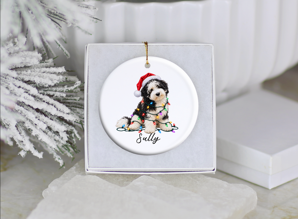 Sheepadoodle Personalized Christmas Ornament, Custom Dog Name Ceramic Keepsake, Sheepadoodle Lover Gift