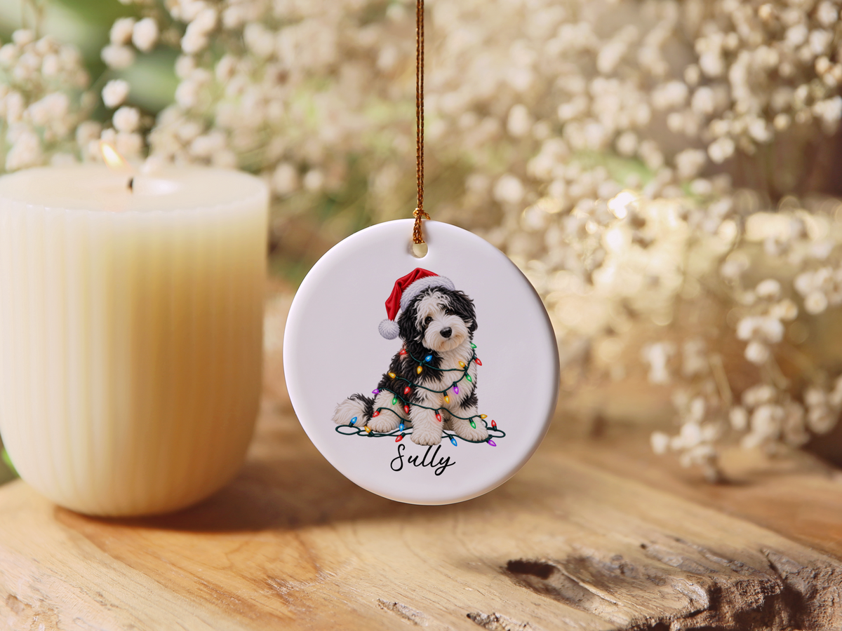 Sheepadoodle Personalized Christmas Ornament, Custom Dog Name Ceramic Keepsake, Sheepadoodle Lover Gift