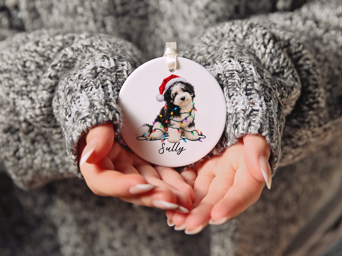 Sheepadoodle Personalized Christmas Ornament, Custom Dog Name Ceramic Keepsake, Sheepadoodle Lover Gift