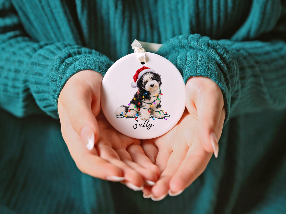 Sheepadoodle Personalized Christmas Ornament, Custom Dog Name Ceramic Keepsake, Sheepadoodle Lover Gift