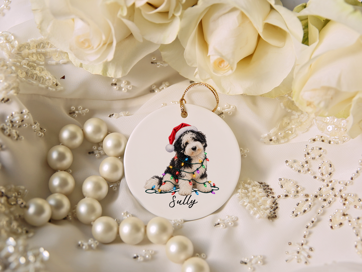 Sheepadoodle Personalized Christmas Ornament, Custom Dog Name Ceramic Keepsake, Sheepadoodle Lover Gift