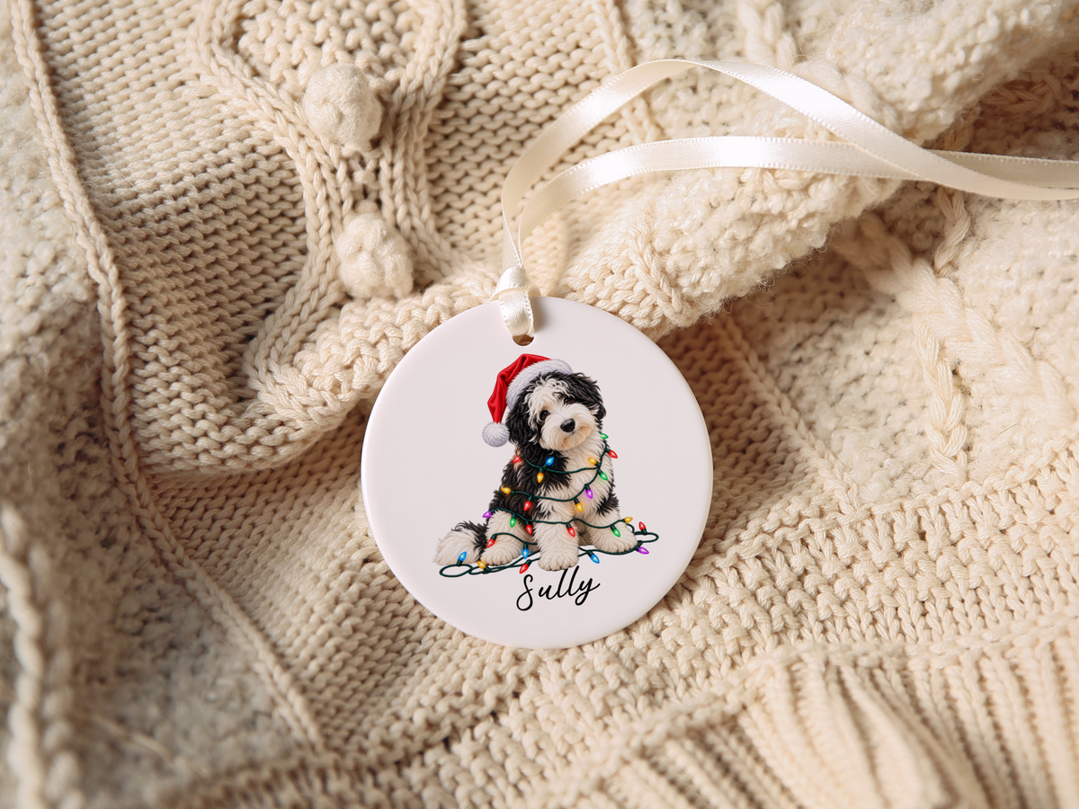 Sheepadoodle Personalized Christmas Ornament, Custom Dog Name Ceramic Keepsake, Sheepadoodle Lover Gift