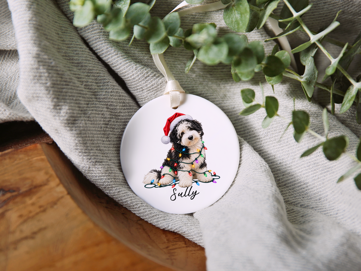 Sheepadoodle Personalized Christmas Ornament, Custom Dog Name Ceramic Keepsake, Sheepadoodle Lover Gift