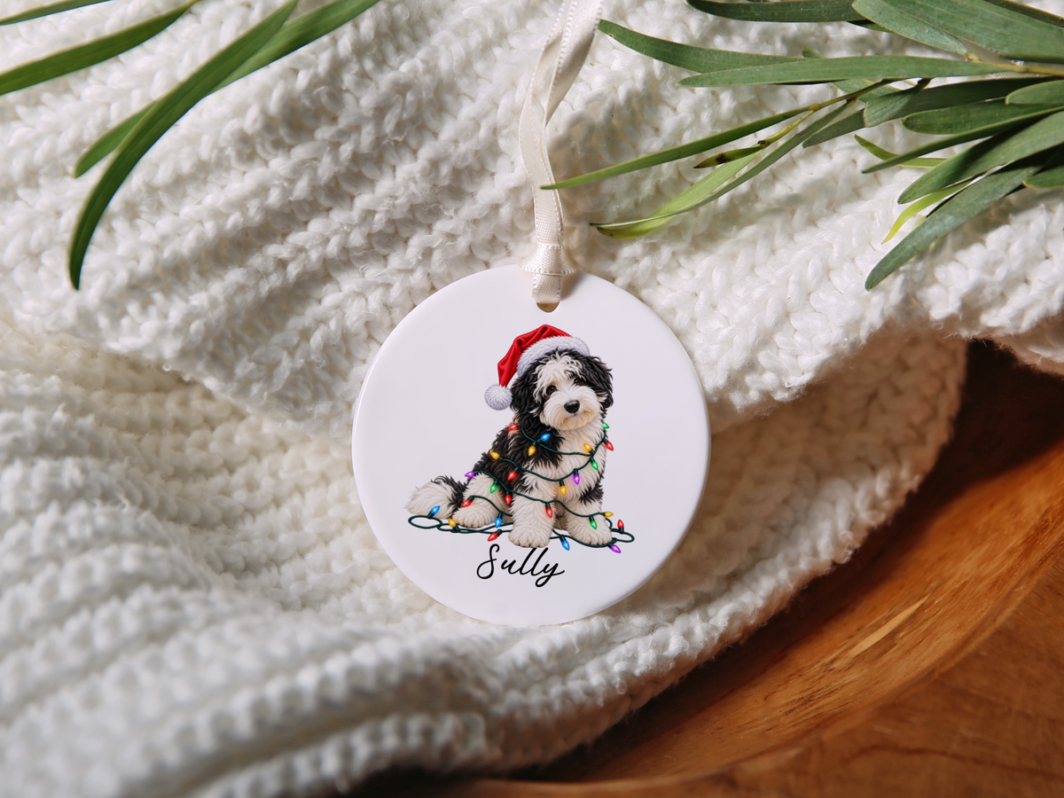 Sheepadoodle Personalized Christmas Ornament, Custom Dog Name Ceramic Keepsake, Sheepadoodle Lover Gift