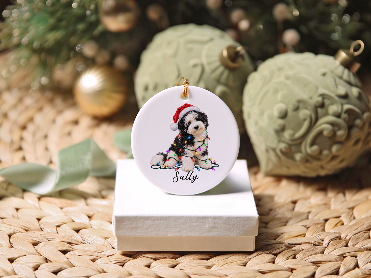 Sheepadoodle Personalized Christmas Ornament, Custom Dog Name Ceramic Keepsake, Sheepadoodle Lover Gift