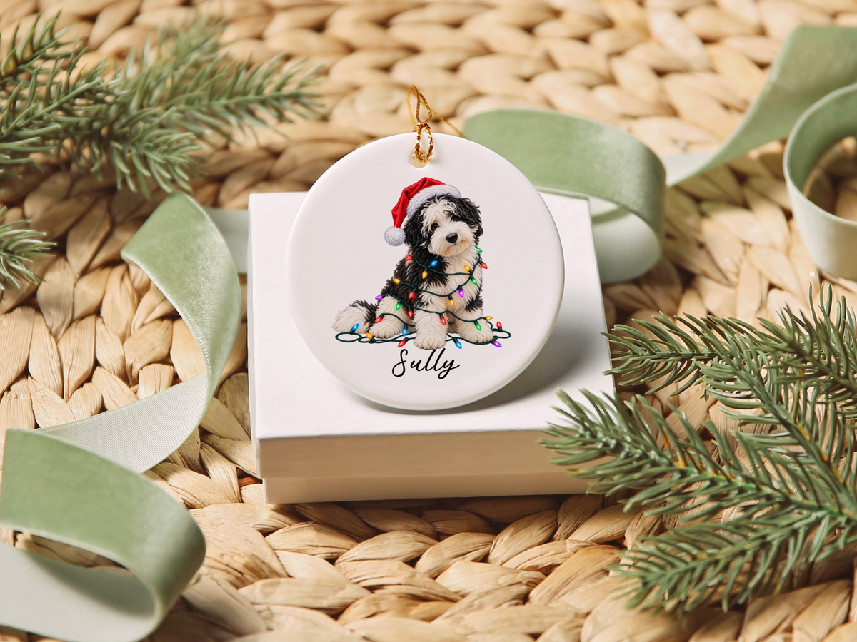 Sheepadoodle Personalized Christmas Ornament, Custom Dog Name Ceramic Keepsake, Sheepadoodle Lover Gift