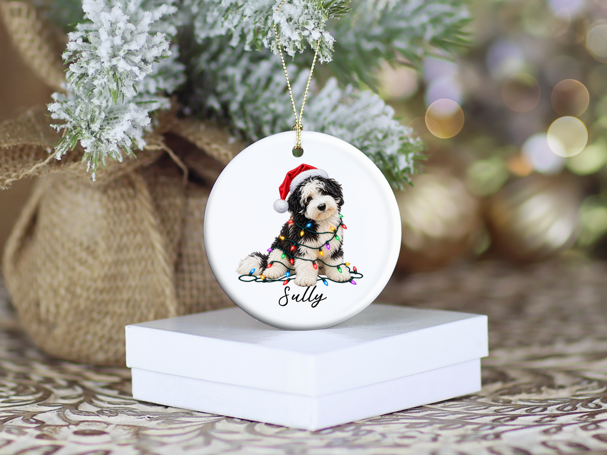 Sheepadoodle Personalized Christmas Ornament, Custom Dog Name Ceramic Keepsake, Sheepadoodle Lover Gift
