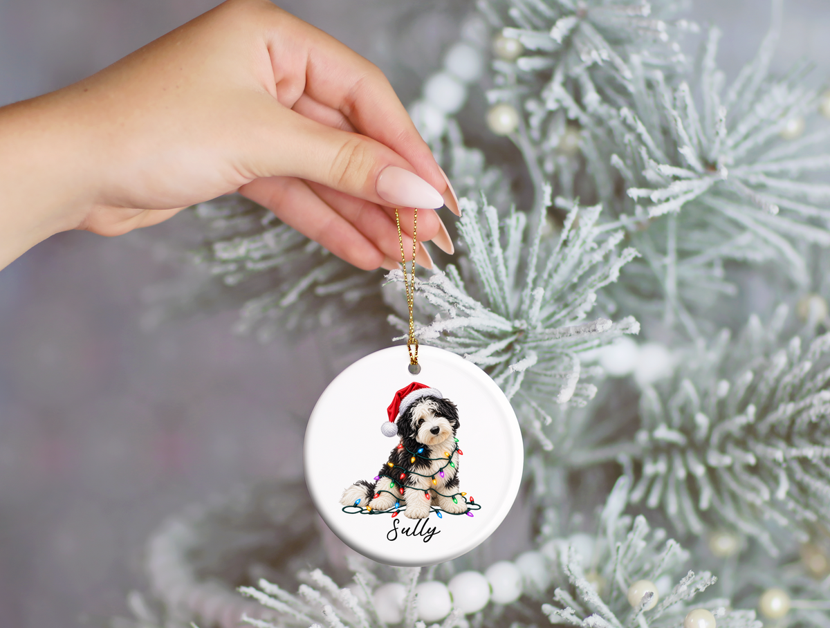 Sheepadoodle Personalized Christmas Ornament, Custom Dog Name Ceramic Keepsake, Sheepadoodle Lover Gift