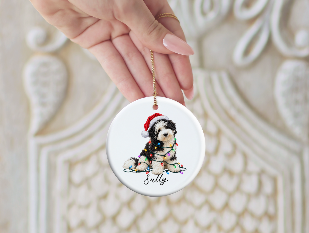 Sheepadoodle Personalized Christmas Ornament, Custom Dog Name Ceramic Keepsake, Sheepadoodle Lover Gift