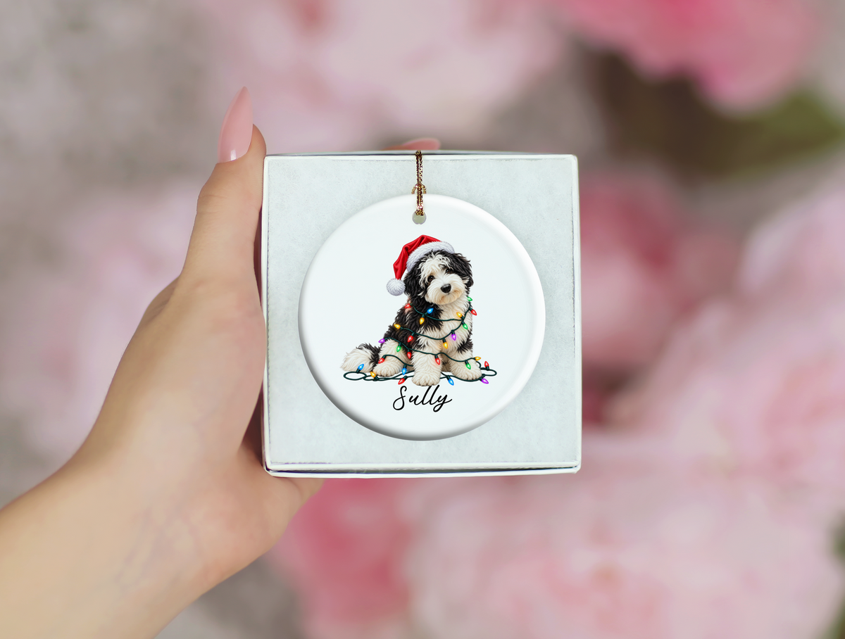 Sheepadoodle Personalized Christmas Ornament, Custom Dog Name Ceramic Keepsake, Sheepadoodle Lover Gift